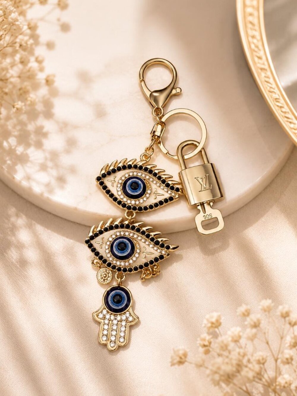 LV Authentic Gold Padlock 🔒 Key Set w/ Unbranded Evil Eye Keychain Charm